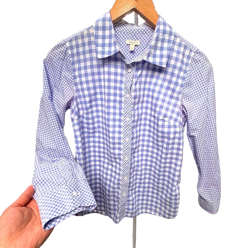 Talbots Blue Gingham Button Down Shirt Cotton Mixed Check Petite Women Smal